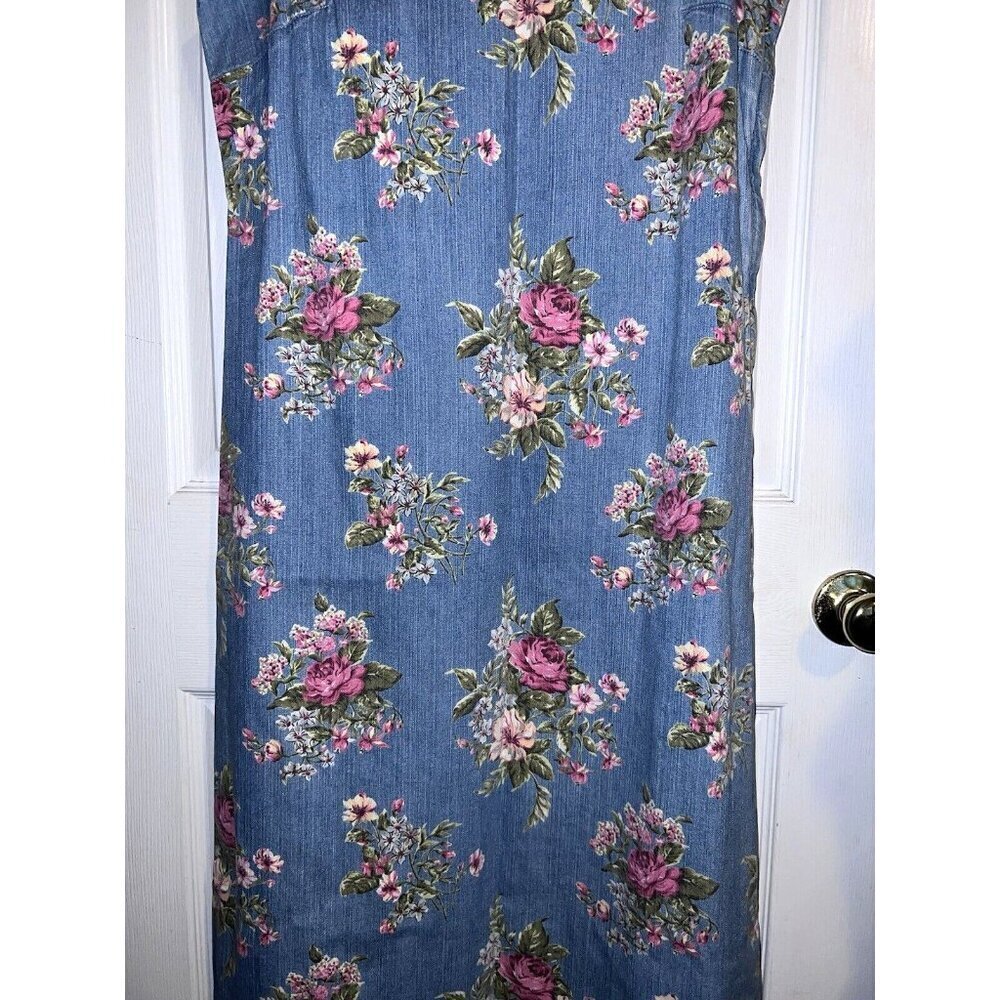 LIZ CLAIBORNE Y2K Jean Jumper Light Blue Pink Roses Cottagecore Dress Sz 10 - Picture 4 of 15